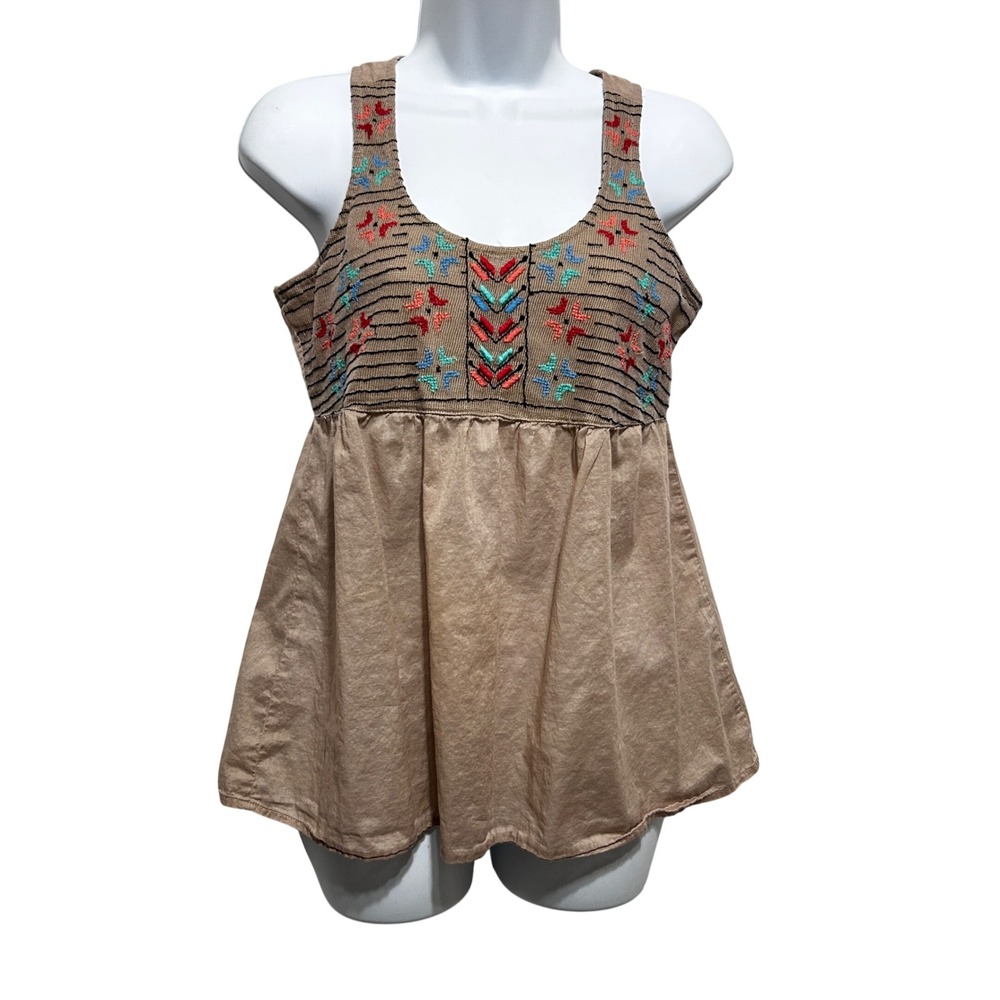Y2K Mudd Women Boho Festival Embroidered Babydoll Top S Tan Peasant Cottagecore